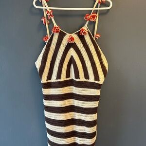 Anthropologie Brown and Cream Striped Crochet Swimsuit Cover Up
